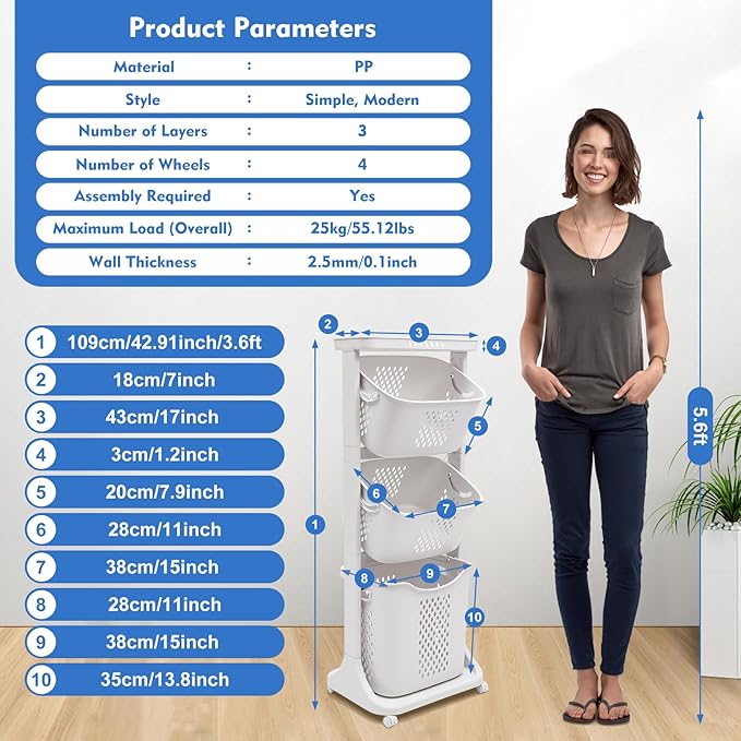 White Laundry Basket Removable Storage Basket 3 Tier Multi-purpose Rolling Laundry Basket with 4 Wheels Laundry Washing Hampers Basket Shelf Cart Clothes Storage Basket for Household Bathroom Kitchen