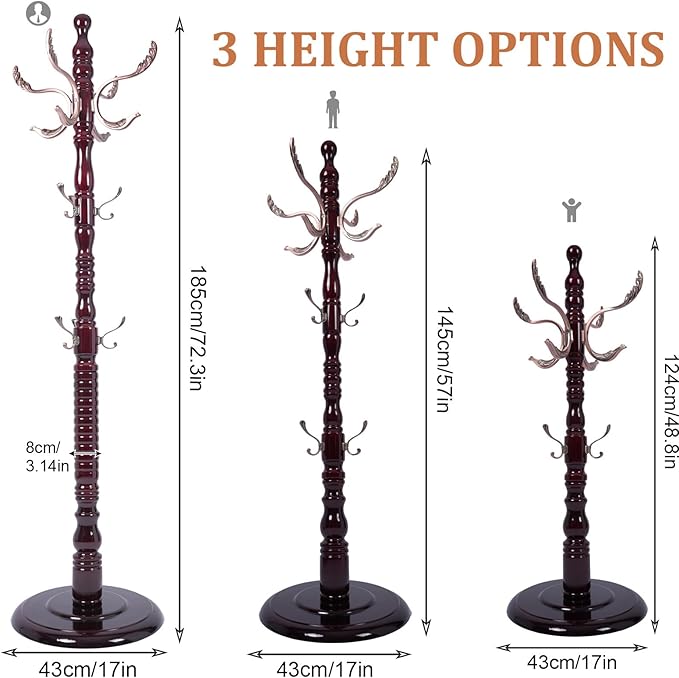 73”Vintage Wooden Coat Rack，With 14 Hooks and Sturdy Round Base.Sturdy and Durable Standing Coat Racks，Adjustable Wooden Freestanding Coat Rack for Porch，Bedrooms (Metal, 1 PCS)