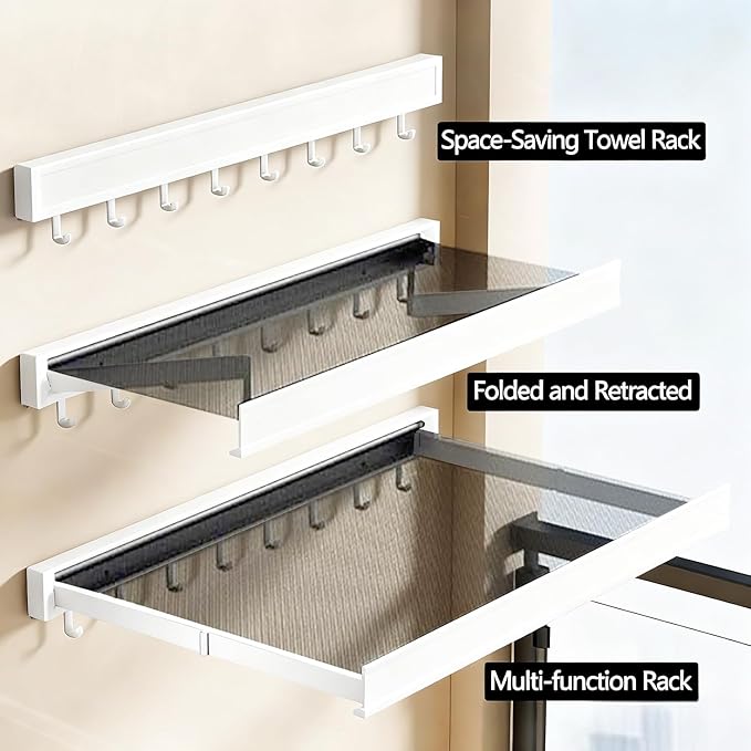 LETINE Wall Mounted Drying Rack: Retractable Indoor Clothes Drying Rack – Aluminum Alloy Frame w/Soft Mesh Surface. Laundry Rack & Temp Shelf for Balcony, Bathroom, Kitchen. (White, M)