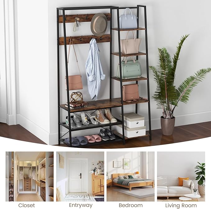 Giantex Coat Rack with Shoe Bench, Industrial Hall Tree with Storage Bench, 9 Hooks, 5 Side Shelves, Accent Large Shoe Rack Bench with Storage Shelf Hanging Bar for Entryway, Hallway (Rustic Brown)