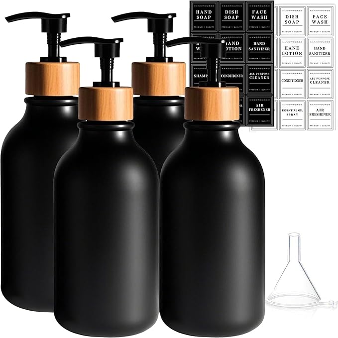 4PACK 16.9Oz Soap Dispenser Bottle, Bamboo Lid Soap Bottle with Anti-Rust Pump, Hand Dish Soap Dispensers for Kitchen, Shampoo Lotion Black Soap Dispenser for Bathroom
