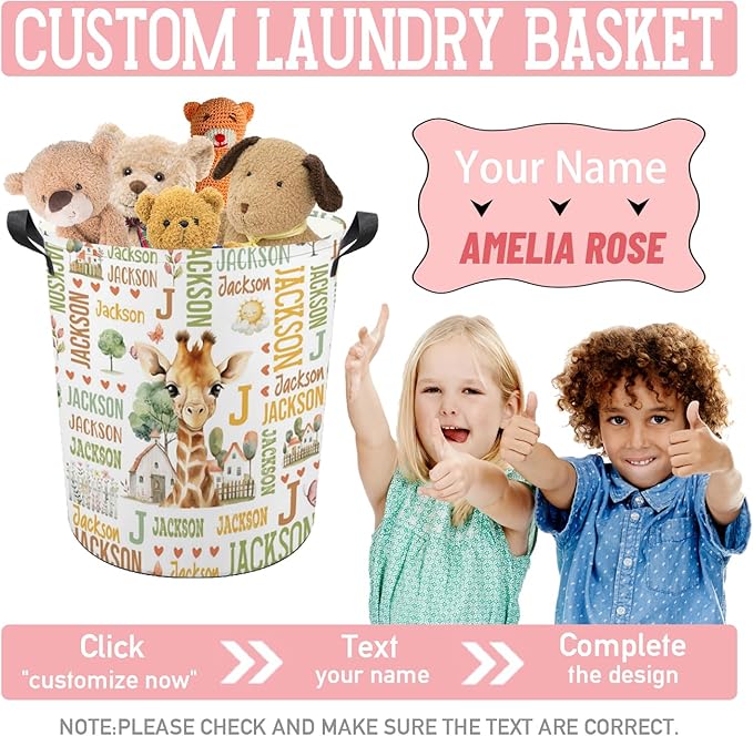 Giraffe Laundry Basket,Custom Laundry Hamper with Name,Personalized Giraffe Gifts for Boys Girls,Customize Collapsible Laundry Basket for Bedroom Bathroom,M-19.5"X 15.7"