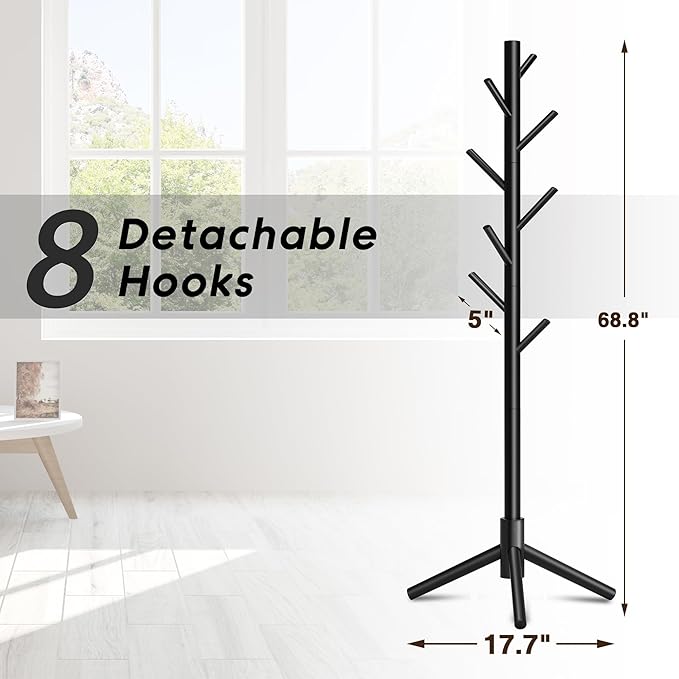 Coat Rack, Coat Racks Freestanding with 8 Hooks 3 Adjustable Heights for Clothes, Hats, Handbags, Coat Tree Easy Assembly for Entryway, Bedroom, Hallway, Office(Black)