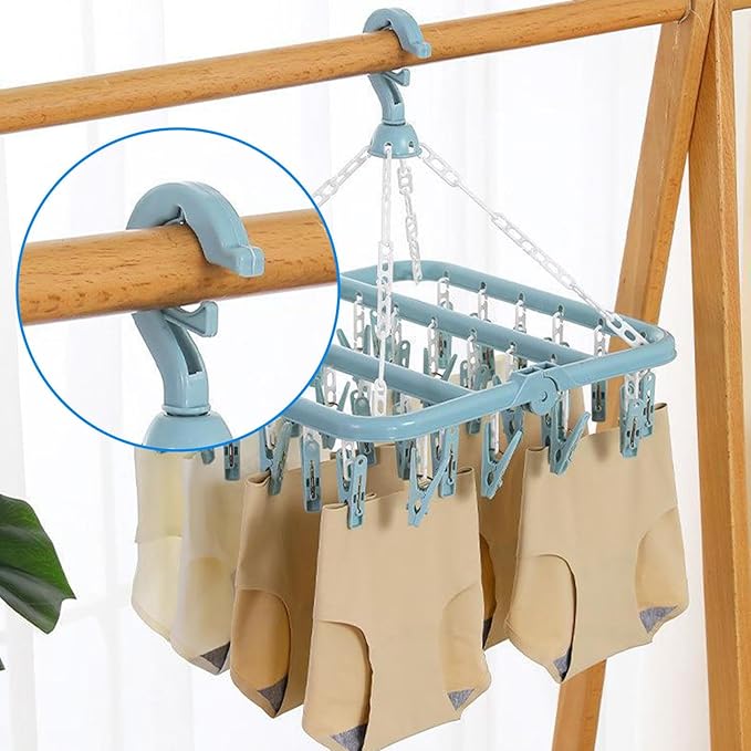 Foldable Clothes Drying Hanger with 32 Clips, Clip and Drip Hangers Clothes Drying Rack, Underwear Hangers for Drying, Laundry Clothes Hanger for Drying Socks Lingerie Baby Clothes Towels Bras Hat
