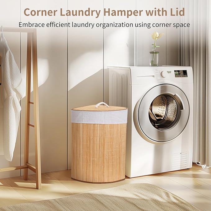 Corner Laundry Hamper with Lid, Foldable Triangle Clothes Hamper, Natural Wood Weave Laundry Basket Bin for Bedroom Bathroom Laundry Room, 25 x 18 in