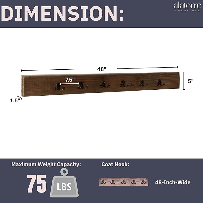 Pomona Metal and Wood Wall Coat Hook, 48 in. , Brown, 6-Hook Entryway Rack for Jackets, Scarves & Bags, Strong, Slim Wooden Design for Tight Spaces, Solid Finish, Solid Pine Wood & Metal