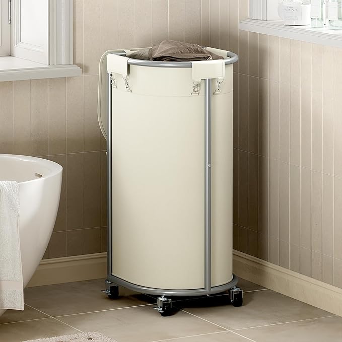 Chrislley Laundry Hamper with Wheels and Lid, 100L Rolling Laundry Basket, Half Round Laundry Cart with Removable Bag and Iron Frame, Dirty Clothes Hamper Organizer for Home, Dorm, Hotel, Beige