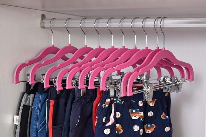 Quality Kids Plastic Non Velvet Non-Flocked Thin Compact Skirt Pant Coat Hangers with Metal Clips for Skirts Pants Blouses 360° Swivel Hook, Jacket, Shirt, Pants, Suit Hangers (Pink, 20)