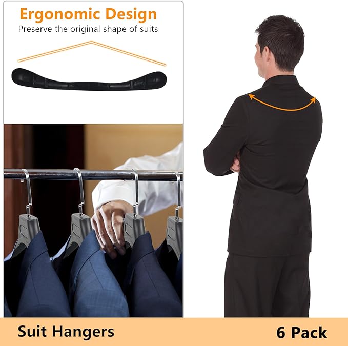 DEDU Suit Hangers for Men 6 Pack, Black Coat Hangers No Shoulder Bump Non Slip Width 17.7", Plastic with Metal Hook