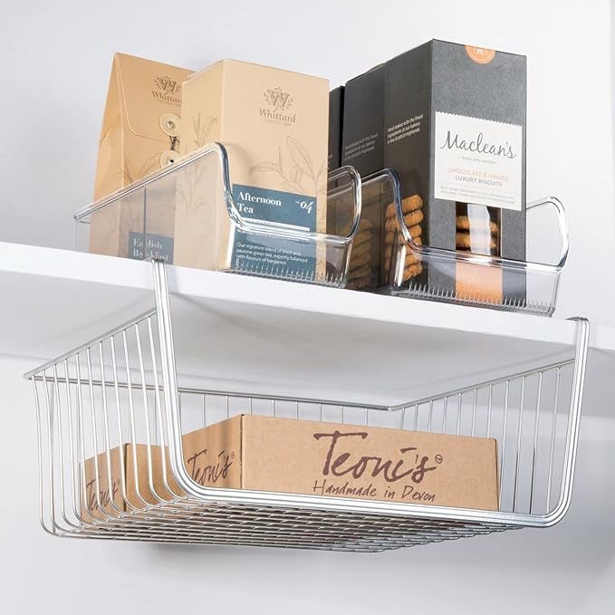 mDesign Metal Under Shelf Basket for Kitchen Storage - Wire Farmhouse Sliding Bin Basket for Pantry - Large Open Front Organizer for Food, Drinks, Snacks - Hyde Collection, 2 Pack - Chrome