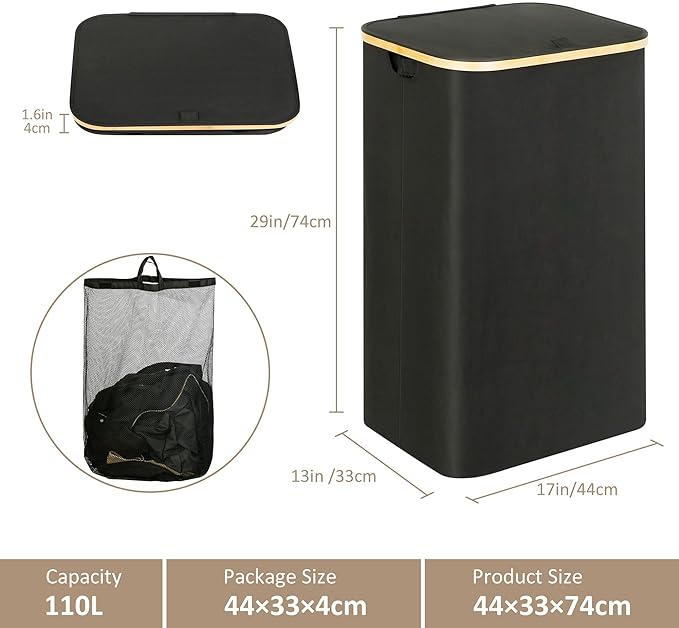 Laundry Hamper with Lid, 110L Large Laundry Hamper with Handle and Lid, Collapsible Clothes Basket Organizer with Removable Inner Bag for Clothes Toys Towels - Black