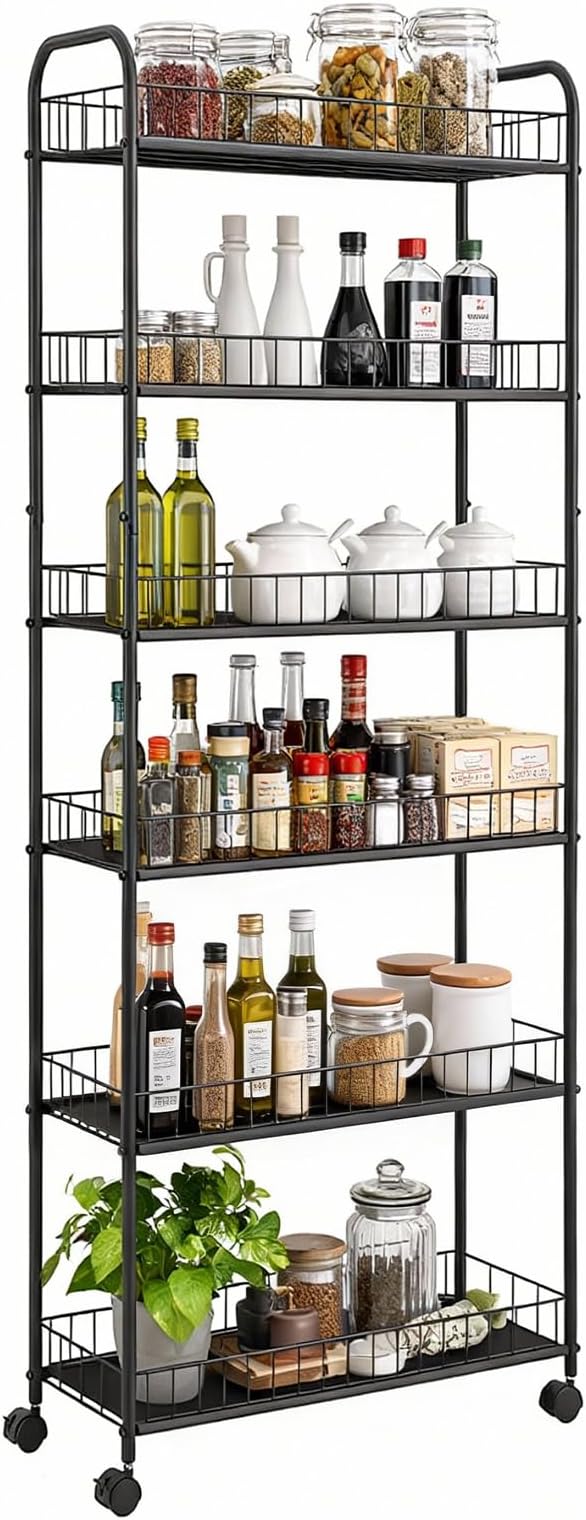 6 Tier Slim Rolling Storage Cart, Mobile Shelving Unit with Wheels, Metal Wire Storage Rack with Baskets for Kitchen Bathroom Office Laundry Narrow Piaces (10in Rolling Cart)