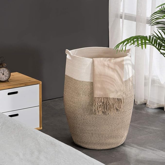 Cotton Rope Laundry Hamper by YOUDENOVA, 105L - Woven Collapsible Basket Clothes Storage for Blankets, Room Organizing, Bedroom Storage, – Brown & White