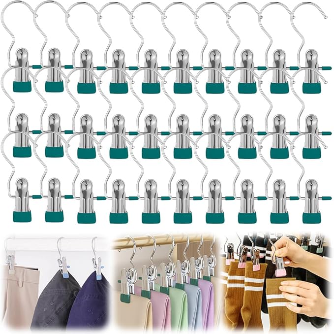 Clothes Pins Hanging Clips, 2025 Upgrade Space-Saving Clothespin Hat Pants Storage Hanging Travel Hook, Multifunctional Hanger Hooks Anti Rust Clips for Clothes (30, DGreen)