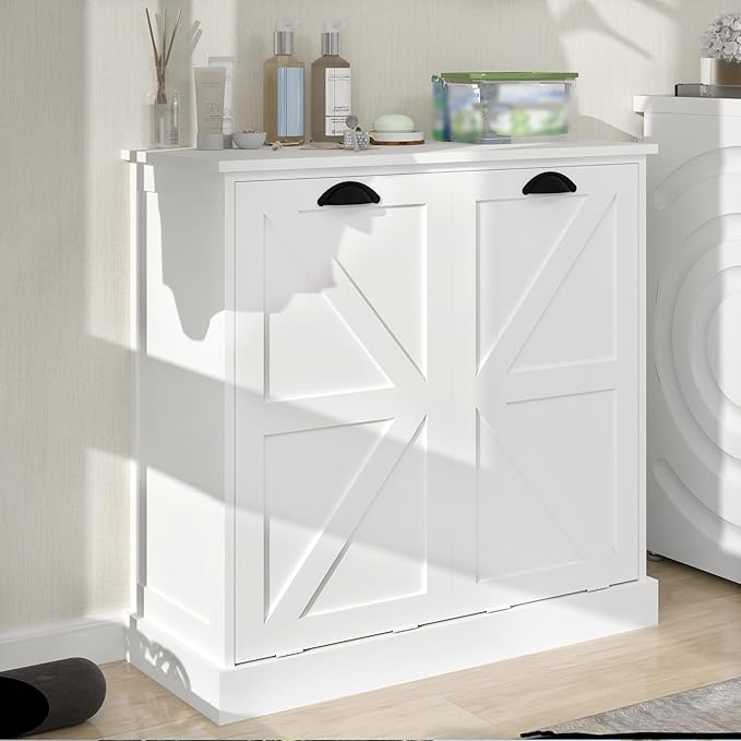 Laundry Hamper Cabinet with Removable Basket, Double Tilt Out Laundry Hamper, Wood Bathroom Storage, Free Standing Home Organizer, White