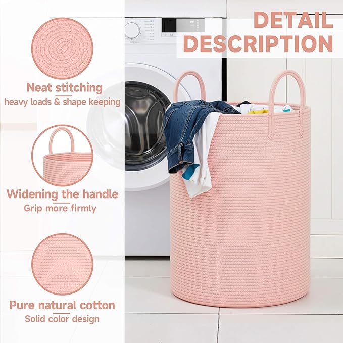 CLHMILY&Z Laundry Hamper Round Storage Rope Basket in Living Room, Bedroom, Laundry Room for Toy, Clothes, Blanket, Pillow (Pink, 80L)