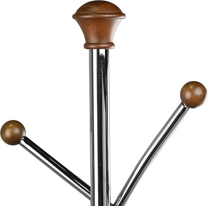 Proman Products Freestanding Modern Metal Coat Rack Tree Stand Organizer with 6 Wooden Hooks for Clothes, Bags, Jackets and Hats