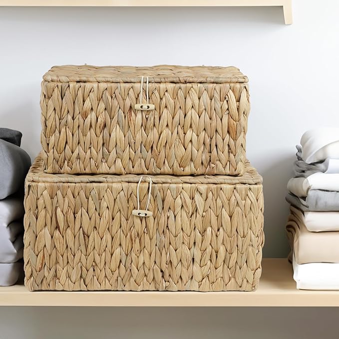 Set of 2 Wicker Basket with Lid, Rectangular Water Hyacinth Storage Baskets for Organizing, Decorative Woven Basket Bins Boxes for Organizing Home