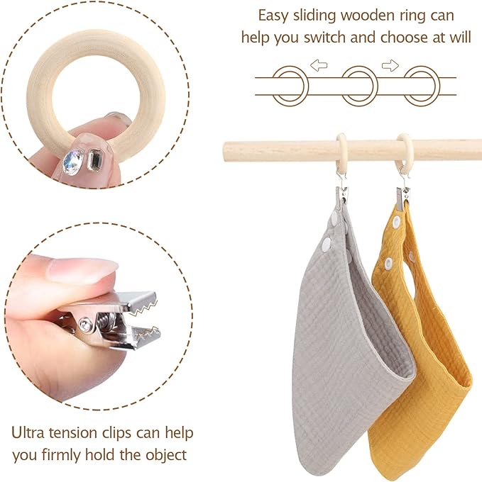 POVETIRE 30 Pack 2.5 Inch Wood Rings with Clips for Hanging Baby Headband Hair Accessories Baby Bib NecklaceJewelry Hat Holder