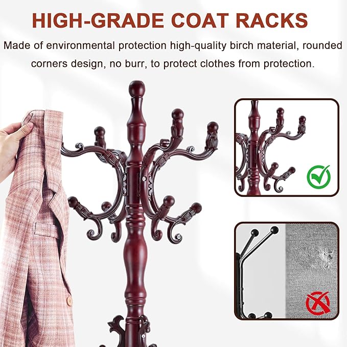 Coat Racks Freestanding, Natural Wood Coat Stands with 14 Hooks, 73" Heavy Duty Adjustable Height Vintage Hall Tree for Entryway, Bedroom, Office, Easy Assembly (Rosewood Tray)