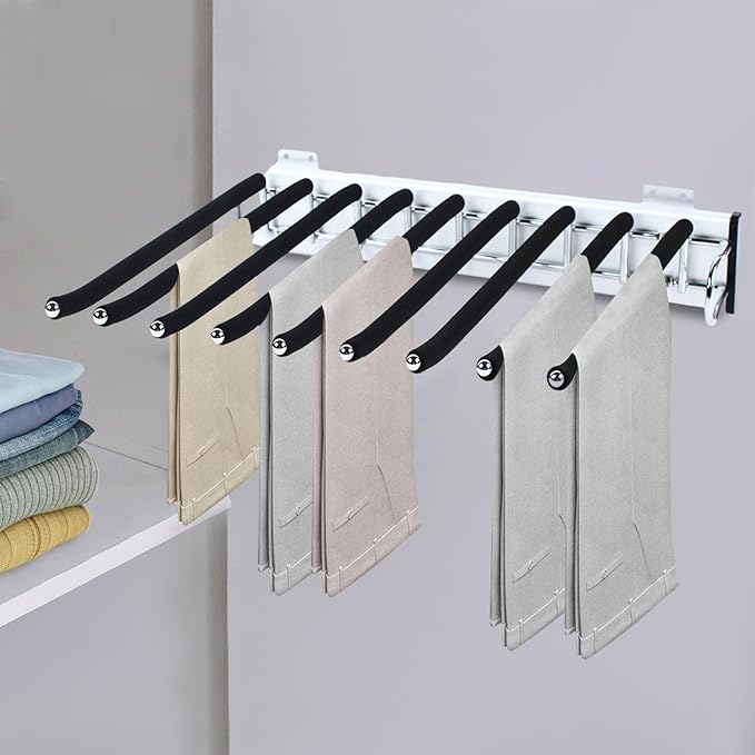 9 Arms Steel Slide Out Pants Rack Closet Pants Hanger Bar Pull Out Trousers Rack Tie Belts Scarf Racks, Wardrobe Clothes Organizers Rail Pull Out Closet Storage Rod-(Right Side Mounts)