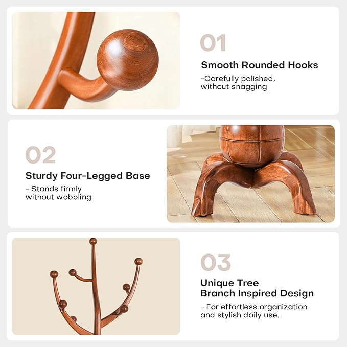 Wooden Coat Rack Freestanding with 8 Hooks, Heavy Duty Coat Hanger Stand with Stable Base, Vintage Coat Tree Standing Coat Racks for Entryway, Hallway, Bedroom (Light Brown)