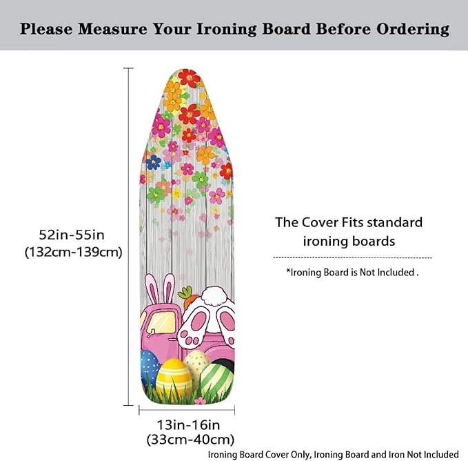 Bunny Thick Iron Board Cover with Elastic Edge Wood Print Ironing Board Covers Loop Fastener Strap Standard Size Easter Living Room Decoration