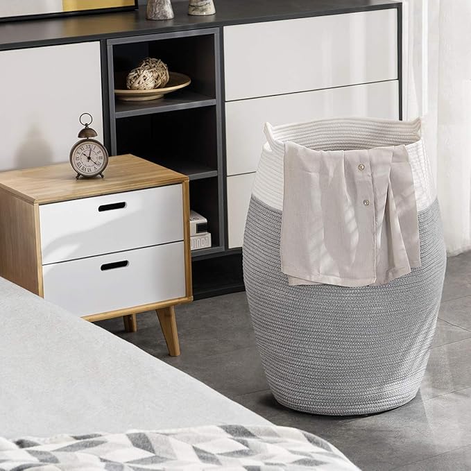 Cotton Rope Laundry Hamper by YOUDENOVA, 105L - Woven Collapsible Laundry Basket - Clothes Storage Basket for Blankets, Laundry Room Organizing, Bedroom Storage, Clothes Hamper – Grey & White