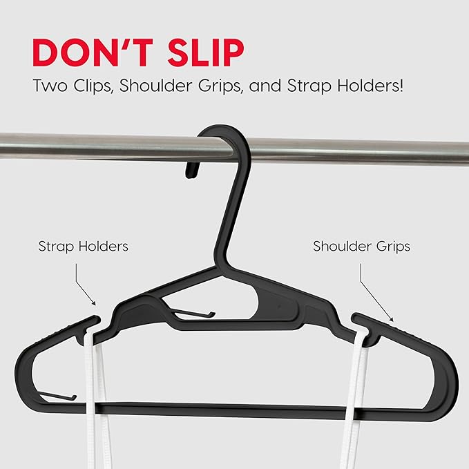 IRIS USA Lightweight Flexible Hangers 50 Pack, Made in USA, Plastic Clothes Hangers with Shoulder Grooves & Accessory Hooks, Dorm Apartment Essentials, Adult Hangers for Light Shirts Clothing, Black