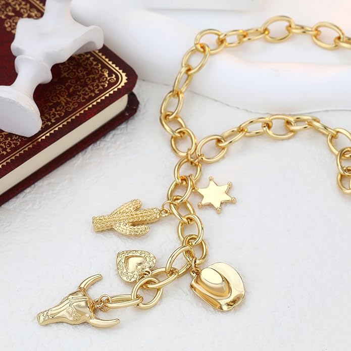 Chunky Gold Necklace for Women Gold Evil Eye Cowboy Pendant Necklace Dainty Paperclip Chain Vintage Luck Amulet Choker Necklaces Celestial Jewelry Gift