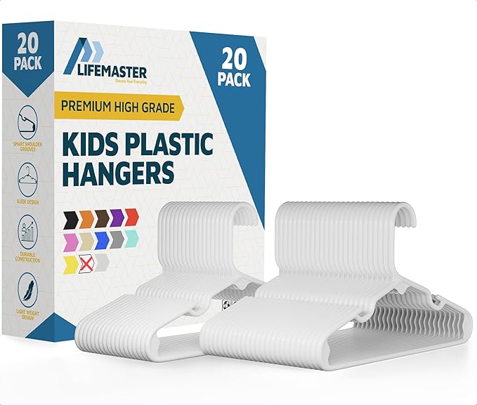 Lifemaster Plastic Kids Clothes Hanger – Children Clothes Hanger with Shoulder Notch, 11.6 Inch Space-Saving Closet Organizer for Baby, Toddler, and Kids Clothing, Hold Up to 5 lbs, Pack of 20, White