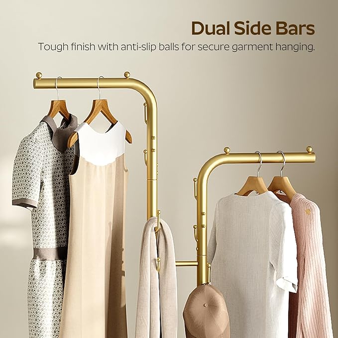 Gold Coat Hanger Stand, Floor Standing Coat Rack, Entryway Coat Tree with 8 Hooks and Marble-Look Base, Modern Double-Pole Metal Clothes Rack for Entrance, Living Room, Bedroom, YM02DWY1