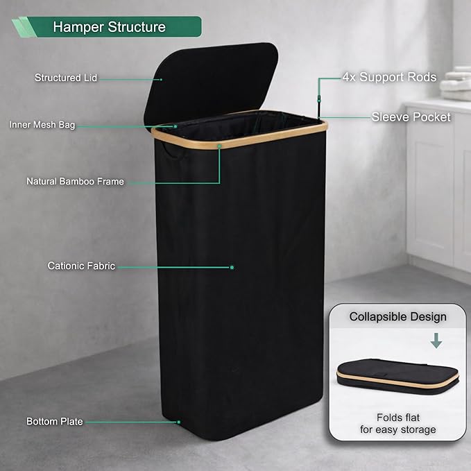 Slim Laundry Hamper with Lid, 60L Capacity, Bamboo Handles, and Steel Ring Removable Inner Bag - Collapsible Clothes Basket Laundry Organizer for Bedroom, Bathroom, Dorm, Black