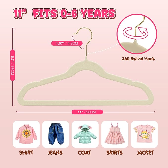 Korpai 30 Pack Baby Velvet Hangers 11 Inch,Non-Slip,Ultra Slim,Space-Saving Baby Hangers with 360° Swivel Hook, 7LBS Capacity,Baby Clothes Hangers Ideal for Baby Romper/Dresses/Shirts/Coats/, Beige