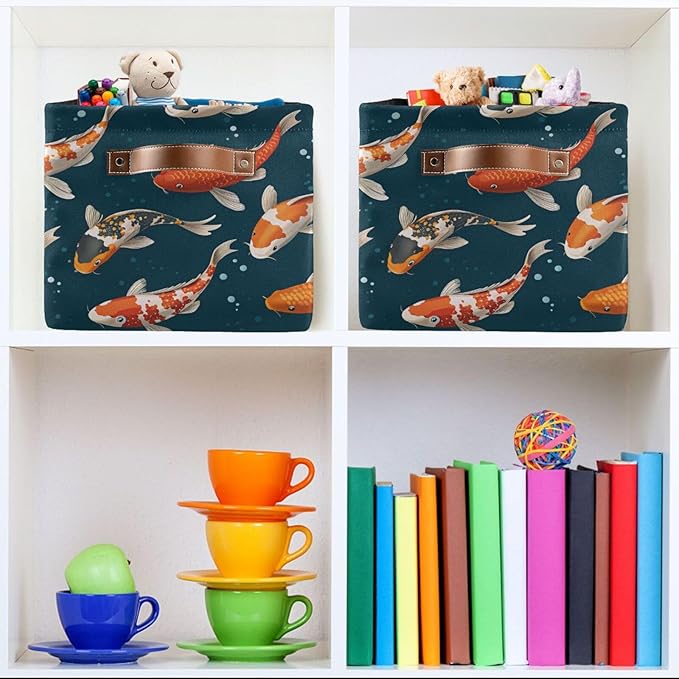 Foldable Storage Baskets, Koi Carps 3D Japanese Storage Bins with Handles, Decorative Cloth Organizer Storage Boxes for Home|Office 15 x 11 x 9.5 in