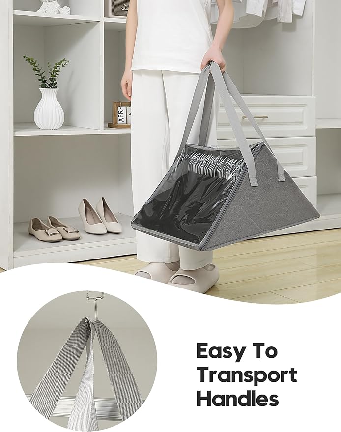 Qozary 2 Pack Upright Clothes Hanger Organizer Bag for Tangle-Free - Dual Compartments Hanger Storage Containers with Clear Cover for Closet Laundry Room, Foldable Organizer with Carry Handle