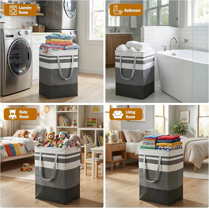 4 Pack Extra Large Laundry Basket, Waterproof & Collapsible Laundry Hamper with Heavy-Duty Handles, Freestanding Hamper for Clothes, Toys, Towels in Home Dorm Bathroom Bedroom-75L, Grey, Local Stock