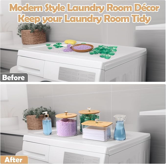 5 Pcs Laundry Container Organizing with Laundry Powder Container and Dryer Sheet Holder Acrylic Laundry Soap Dispenser Bottle with Funnel, Measuring Cup Laundry Pod Holder for Beads,Soap,Scent Booster
