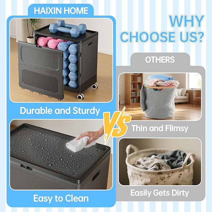 HAIXIN HOME 130L Rolling Laundry Hamper with Lid, Large Plastic Laundry Basket for College Dorm, Foldable Dirty Clothes Hamper Organizer for Industry, Bedroom, Living Room, Bathroom - Black 2 Pack