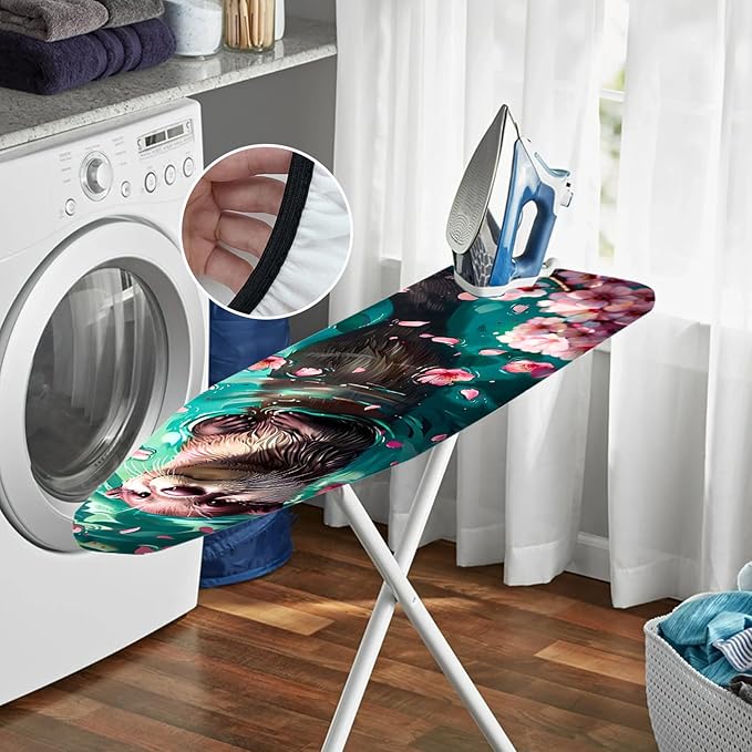 Nuxovilar Otter with Cherry Blossoms Ironing Board Cover, 15×54inch, This Cover Fits Most Standard Boards, Dust - Proof Ironing Accessory for Home Decoration