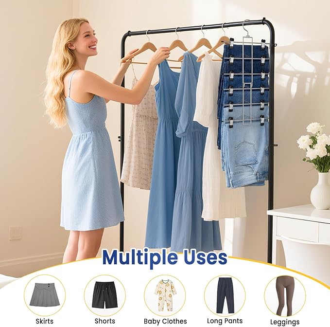 DAMITA Skirt Pants Hangers with Clips Space Saving Hanging Closet Organizer 6 Tiers Hanger with 360° Swivel Hook, Finger-Safe Design- College Dorm Room Apartment Essentials 2-Pack