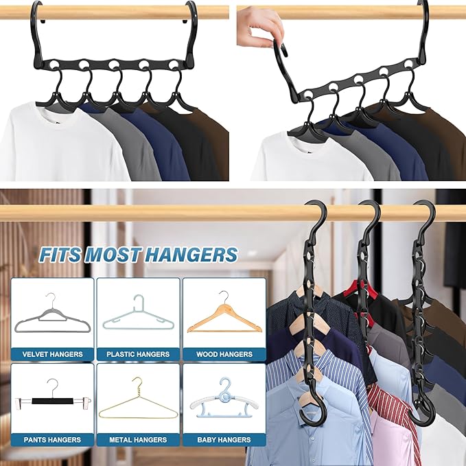 24 Pack Hangers Space Saving Magic Plastic Hanger Organizer Shirt Space Saving Hangers, Multi Clothes Hangers Space Saver for Closet Organizers Storage College Dorm Room Essentials, Black