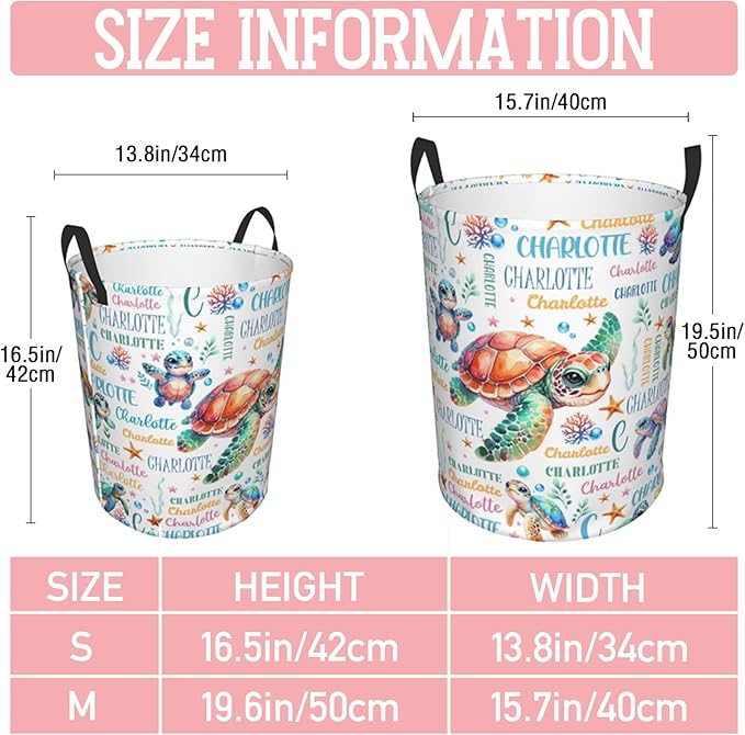 Sea Turtle Laundry Basket,Personalized Laundry Hamper for Boys Girls,Custom Laundry Basket With Name, Customized Dirty Clothes Hamper for Bathroom Bedrooms,S-16.5"X 13.8"