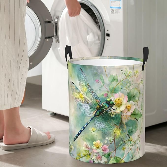 Dragonfly Floral Pattern Laundry Hamper, Collapsible Storage Basket with Handles for Clothes, Bedroom, Bathroom 19.6 x15.7 Inch