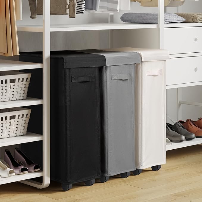 Chrislley Slim Laundry Hamper with Wheels, 45L Narrow Rolling Laundry Basket with Lid, Foldable Dirty Clothes Hamper Portable Skinny Hamper Storage Bins for Dorm, Bedroom (grey)