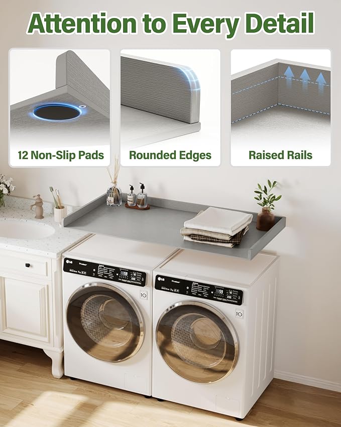 Premium HDPE Washer and Dryer Countertop 54"x27.5" – Waterproof washer dryer topper for Laundry Room Organization, Washer Dryer Countertop for Folding Clothes, Sorting & Extra Storage，Warm Grey