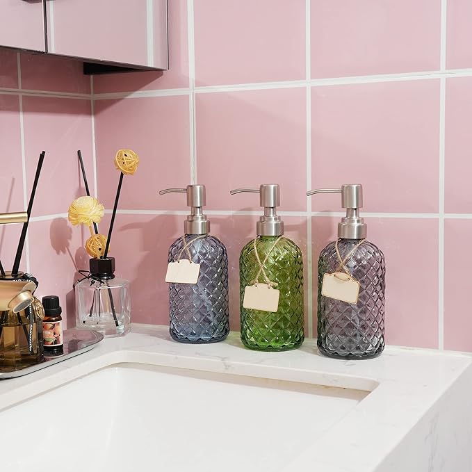Funly mee Bathroom & Kitchen Glass Hand and Dish Soap Dispenser with 304 Rustproof Stainless Steel Pump(Blue-2Pack)