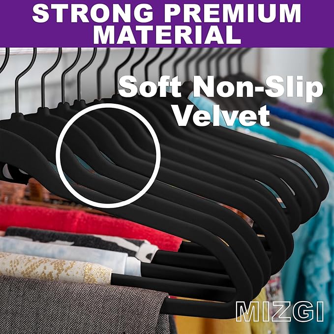 MIZGI All Black Velvet Hangers 30 Pack,Premium Flocked Clothes Non-Slip Felt,Sturdy Black Hangers Heavy Duty Coat,Durable Suit Hanger for Space Saving, No Hanger Marks