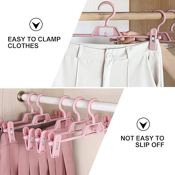 10 Pack Plastic Pant Hangers with Clips, Space Saving Skirts Hanger with 360°Rotating & Adjustable Clips, Stackable Clothes Hanger for Closet Organizer and Storage (Pink)