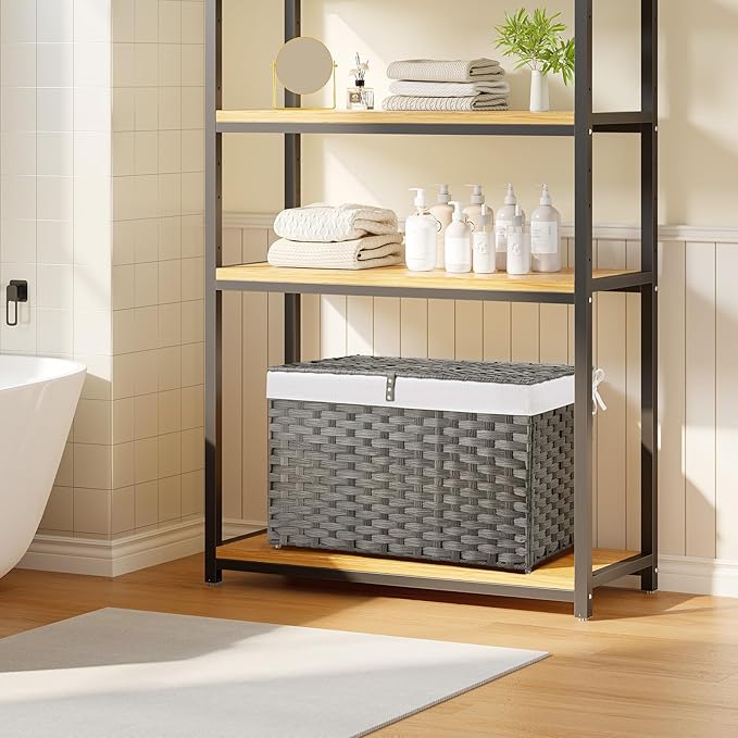 GREENSTELL Storage Basket with Lid, 42.3 Gallon(160L) Lagre Wicker Blanket Storage Basket with Handles, Foldable, 2 Removable Liner Bags, Metal Frame, for Bedroom, Laundry Room, Grey,30"*18.1"*18.1"
